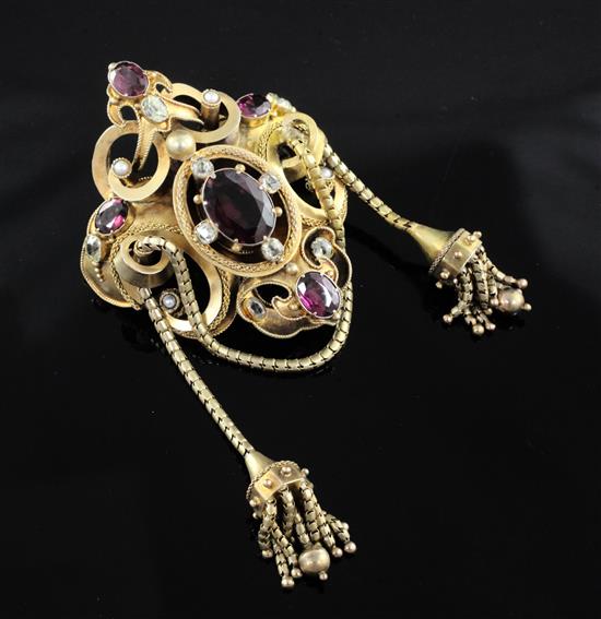 A Victorian gold, garnet, gem and split pearl set tassel drop pendant brooch, overall 8.2cm.